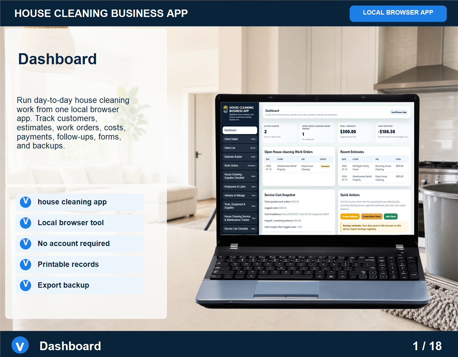 House Cleaning business app House Cleaning screen for service workflow management